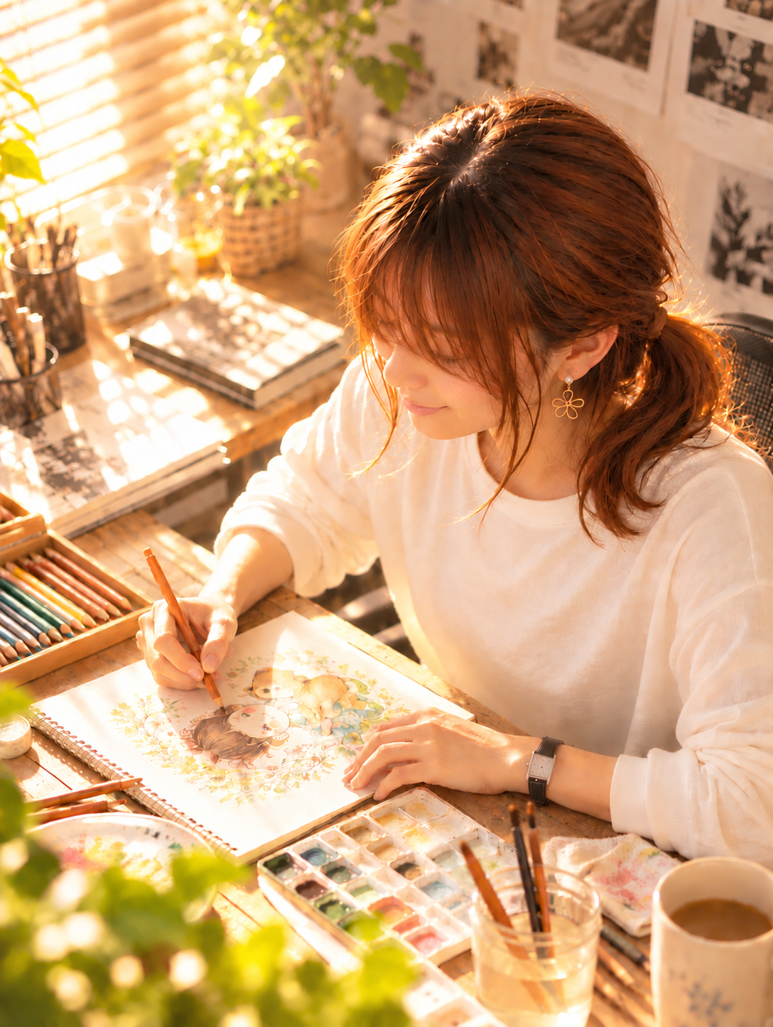 色鉛筆と水彩で、一枚のイラストを丁寧に描く制作風景