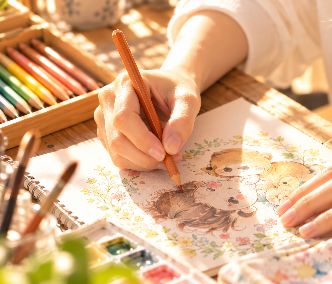 色鉛筆で人物や草花のイラストを一つひとつ描く手元