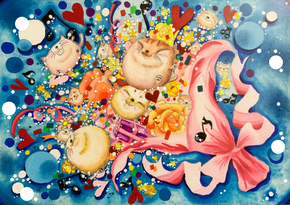 はじけるネコちゃんの手描き作品