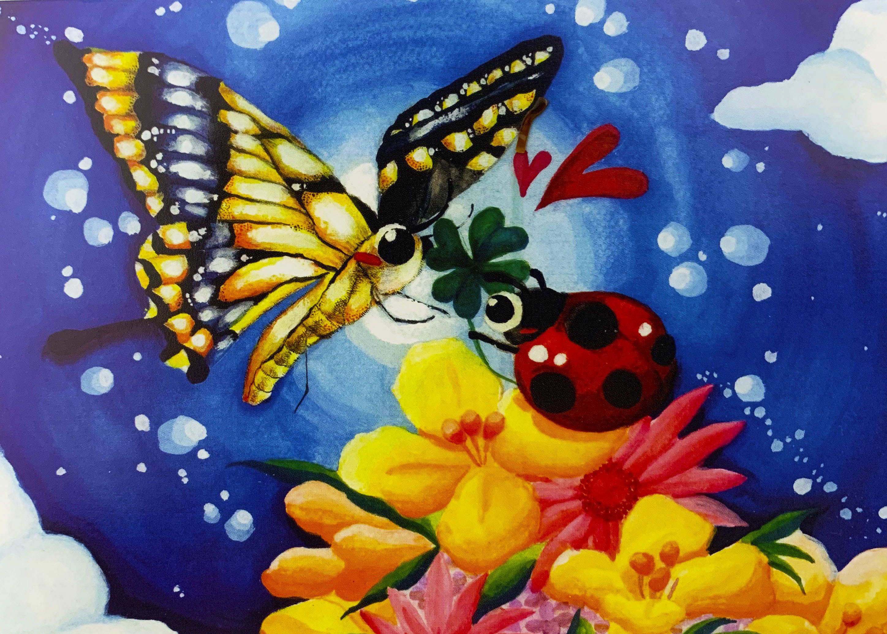てんとう虫とちょうちょの手描き作品