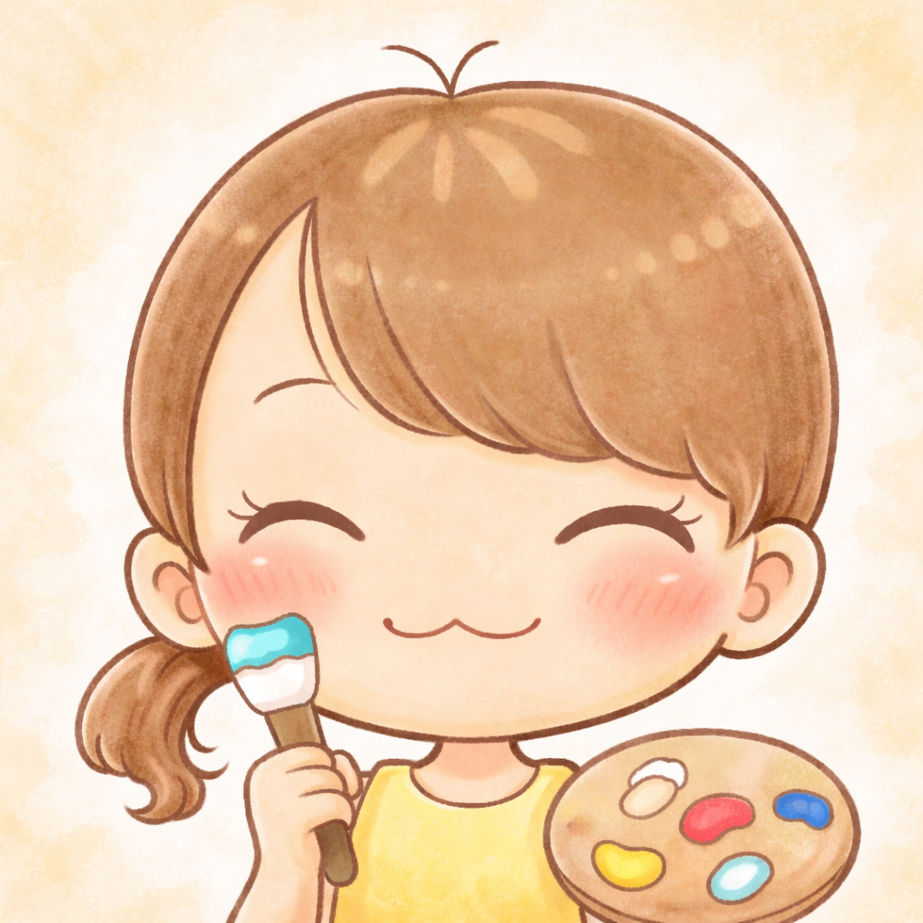 筆とパレットを持って微笑む、えかきやの自画像イラスト